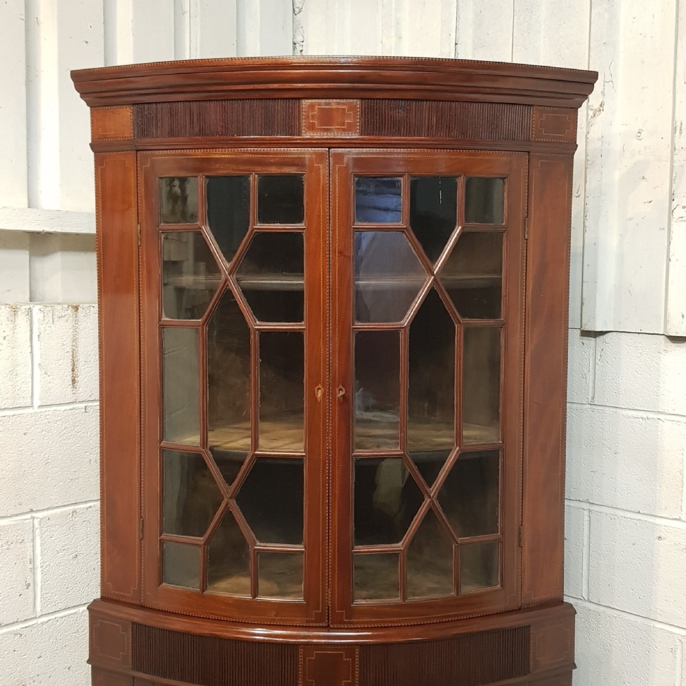 ANTIQUE REGENCY INLAID MAHOGANY FULL HEIGHT BOW FRONT ASTRAGAL GLAZED CORNER CABINET C1820 View VII