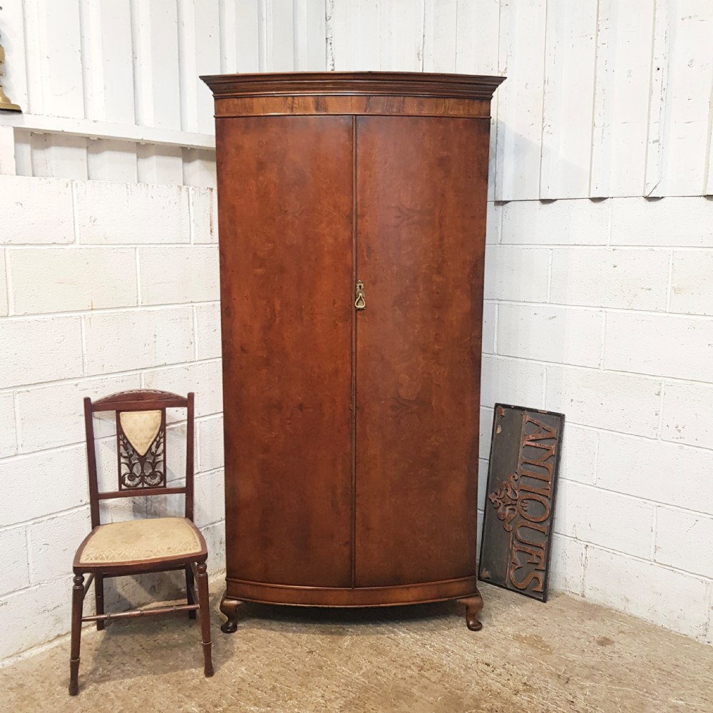 ANTIQUE EDWARDIAN BOW FRONT WALNUT DOUBLE WARDROBE C1900