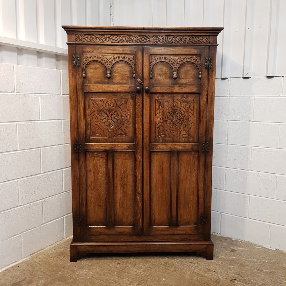 ANTIQUE CARVED SOLID JOINED OAK DOUBLE WARDROBE C1920 View II