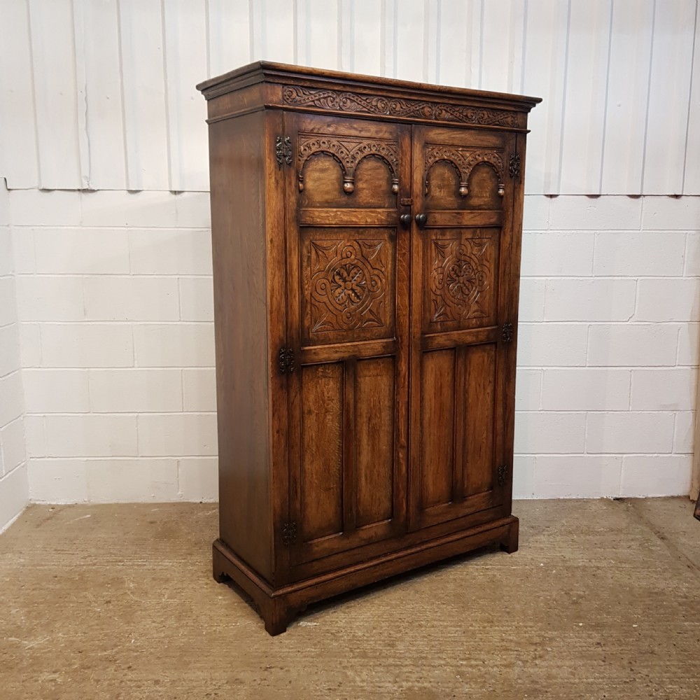 ANTIQUE CARVED SOLID JOINED OAK DOUBLE WARDROBE C1920 View IV