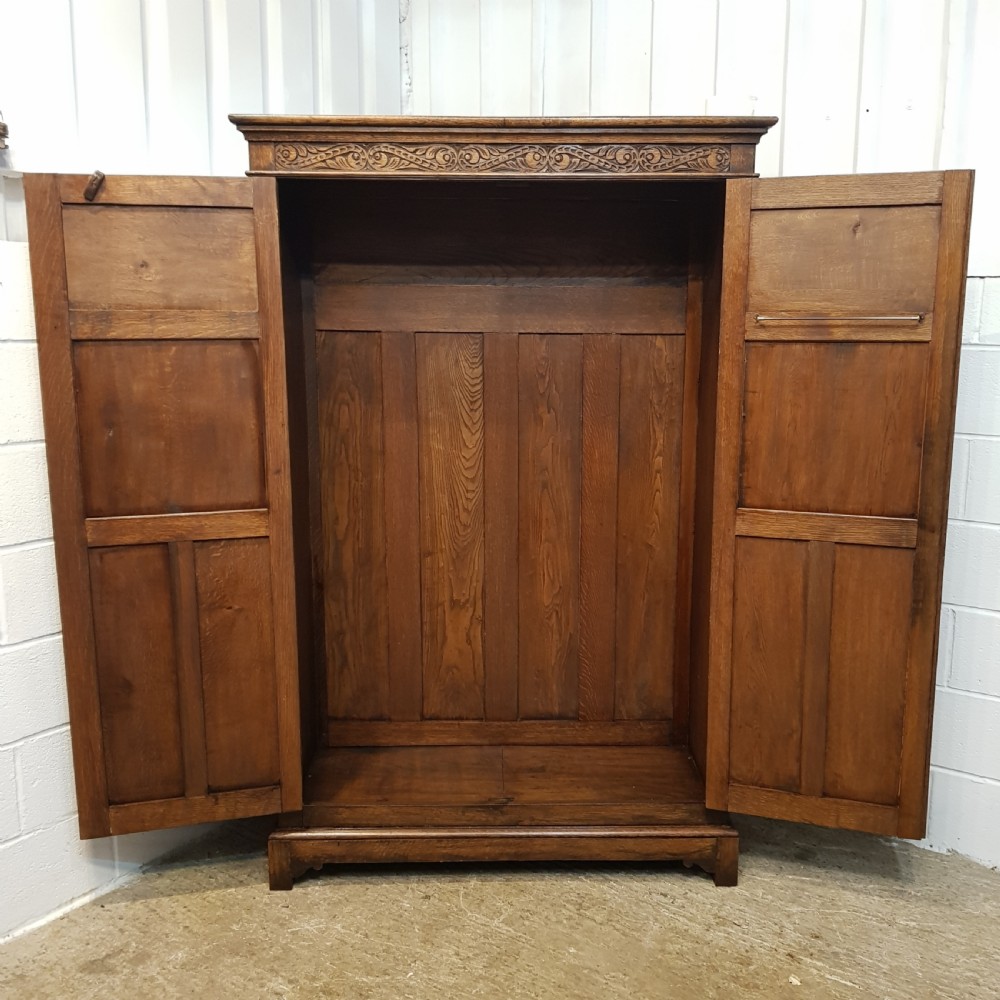 ANTIQUE CARVED SOLID JOINED OAK DOUBLE WARDROBE C1920 View VI
