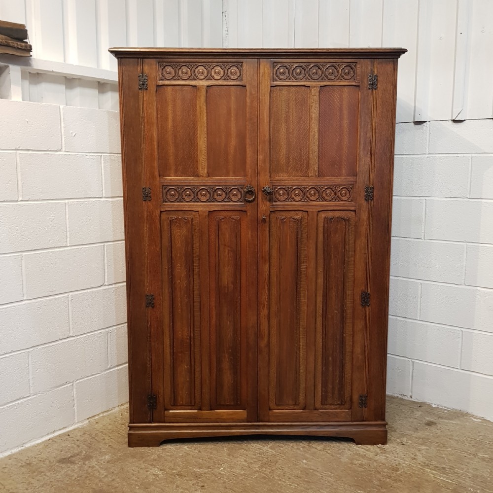 ANTIQUE CARVED OAK DOUBLE WARDROBE C1920 View V