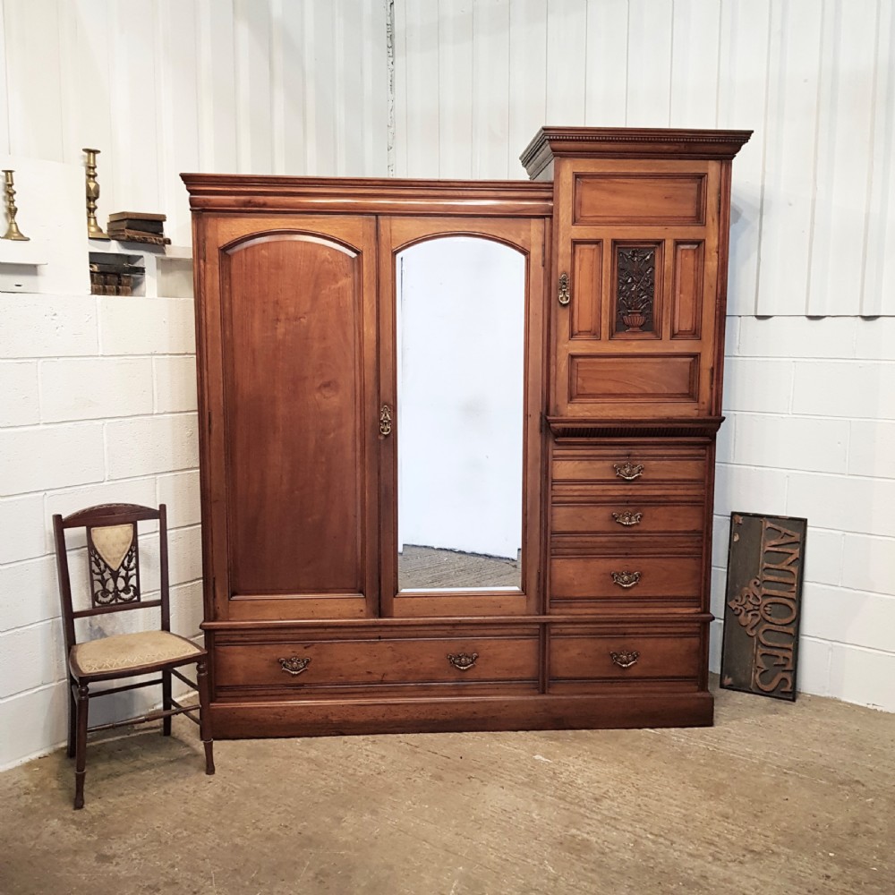 ANTIQUE LATE VICTORIAN WALNUT COMBINATION TRIPLE WARDROBE C1890