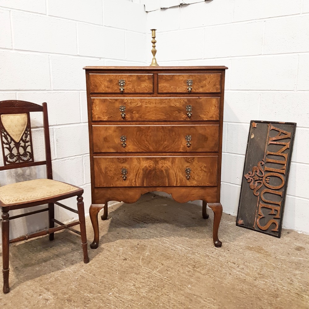 ANTIQUE BURR WALNUT QUEEN ANNE  CHEST OF DRAWERS  BY WARING & GILLOWS C1920