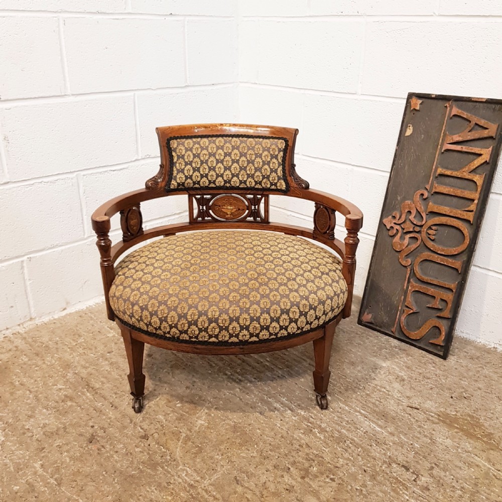 ANTIQUE VICTORIAN INLAID ROSEWOOD TUB ARMCHAIR C1880