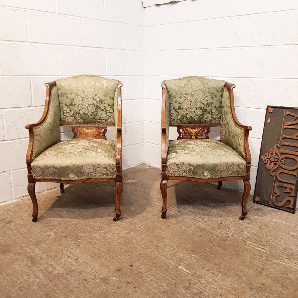 PAIR ANTIQUE LATE VICTORIAN INLAID WALNUT ARMCHAIRS C1890