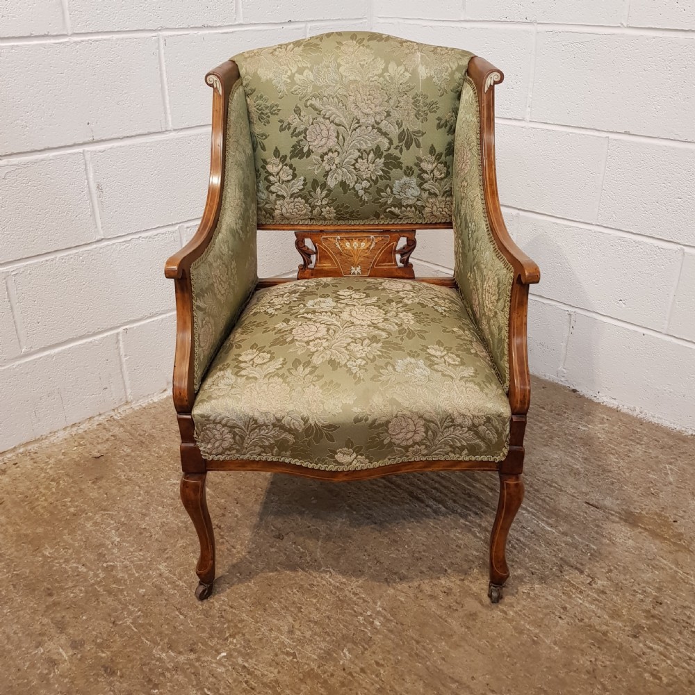 PAIR ANTIQUE LATE VICTORIAN INLAID WALNUT ARMCHAIRS C1890 View III