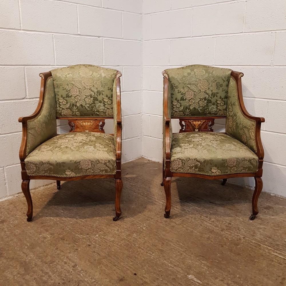 PAIR ANTIQUE LATE VICTORIAN INLAID WALNUT ARMCHAIRS C1890 View VIII
