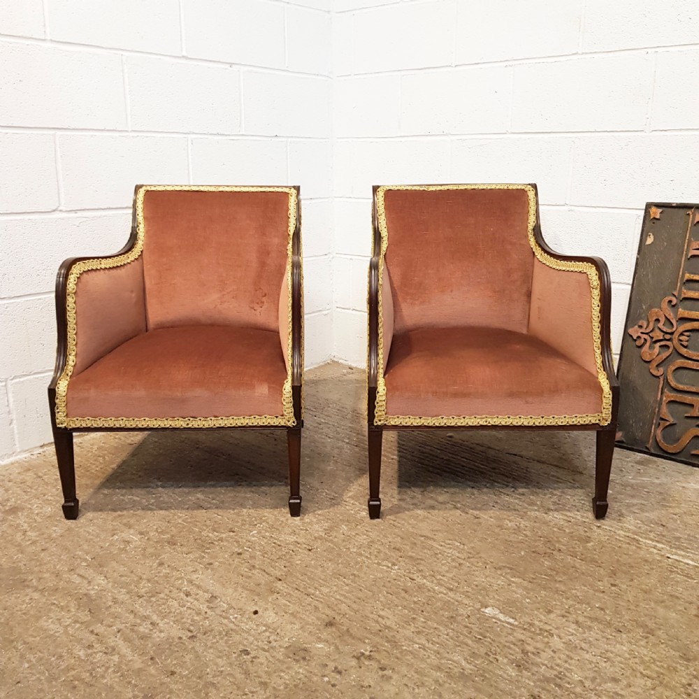 ANTIQUE PAIR EDWARDIAN MAHOGANY TUB SALON CHAIRS C1900
