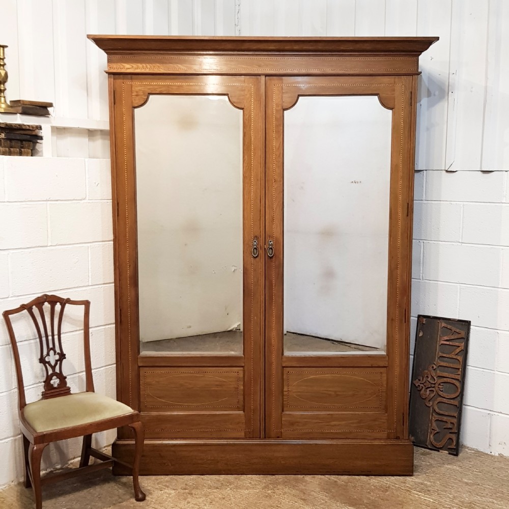 ANTIQUE EDWARDIAN INLAID OAK DOUBLE WARDROBE C1900