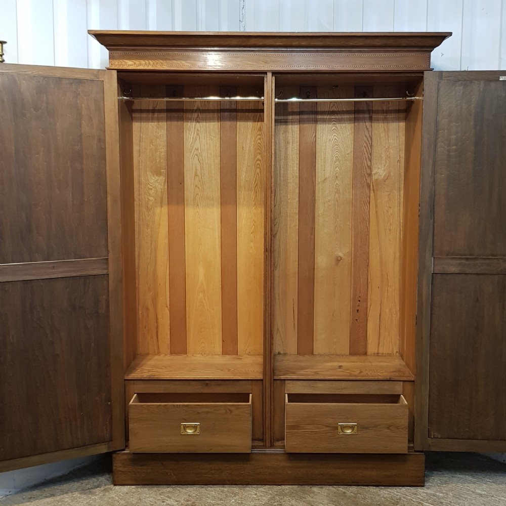 ANTIQUE EDWARDIAN INLAID OAK DOUBLE WARDROBE C1900 View V