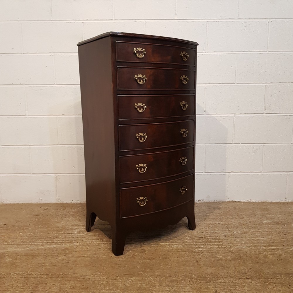 ANTIQUE TALL NARROW MAHOGANY BOW FRONT CHEST OF DRAWERS C1920 View III