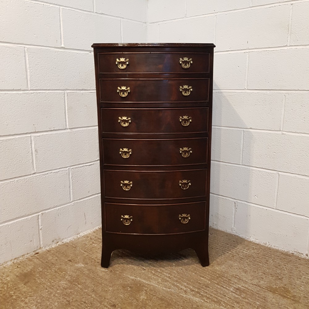 ANTIQUE TALL NARROW MAHOGANY BOW FRONT CHEST OF DRAWERS C1920 View IV