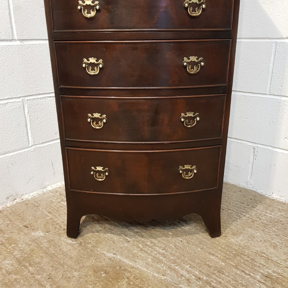 ANTIQUE TALL NARROW MAHOGANY BOW FRONT CHEST OF DRAWERS C1920 View VI