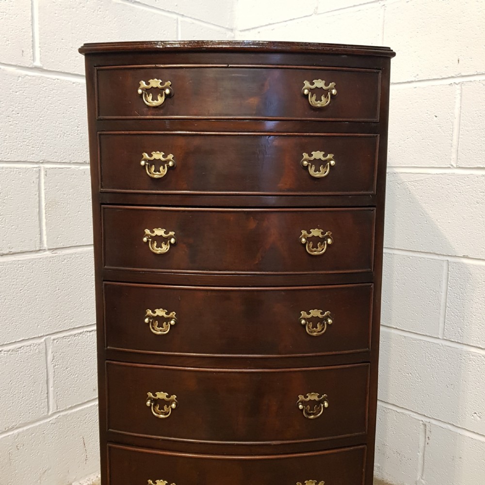 ANTIQUE TALL NARROW MAHOGANY BOW FRONT CHEST OF DRAWERS C1920 View VII