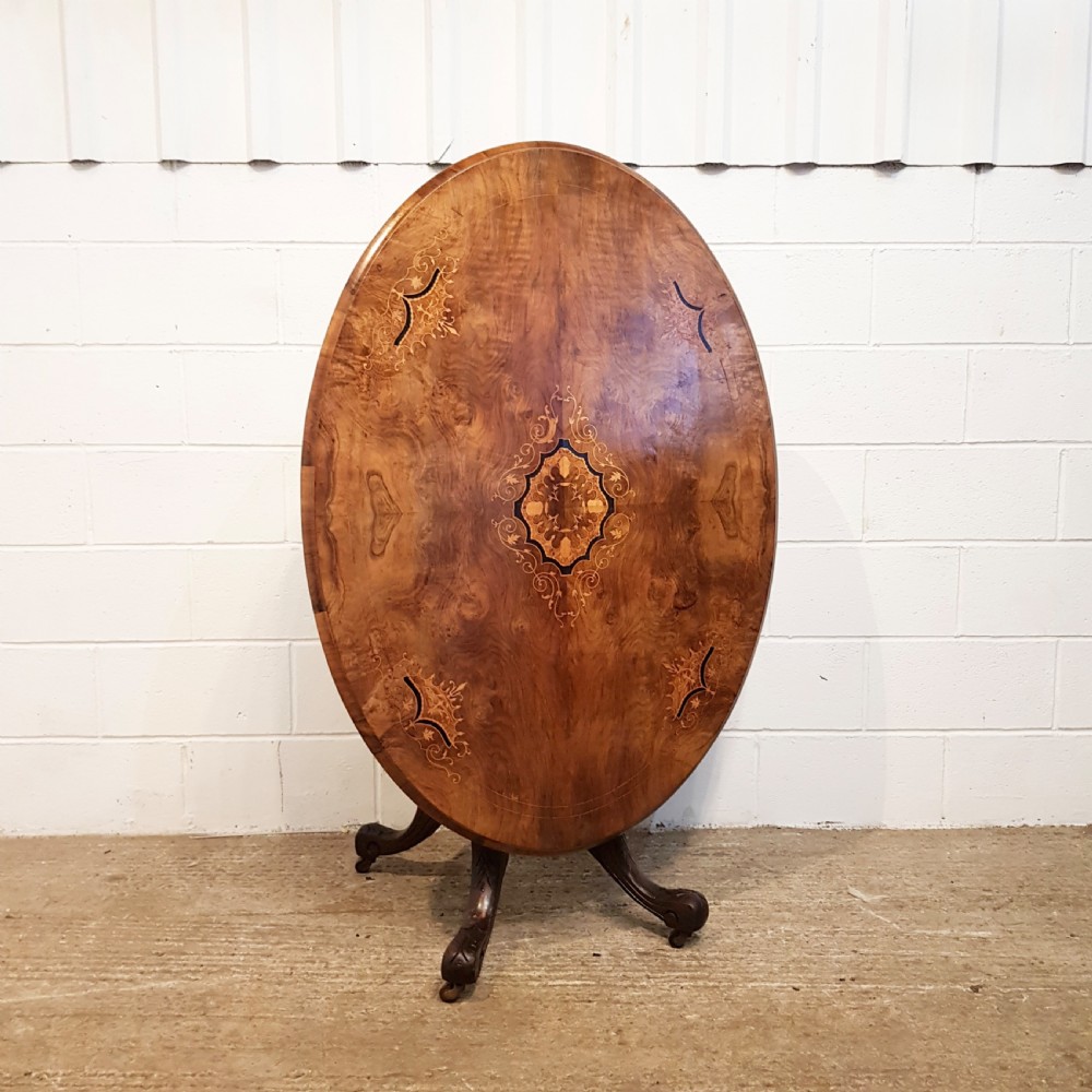 ANTIQUE VICTORIAN INLAID BURR WALNUT TILT TOP LOO TABLE C1880