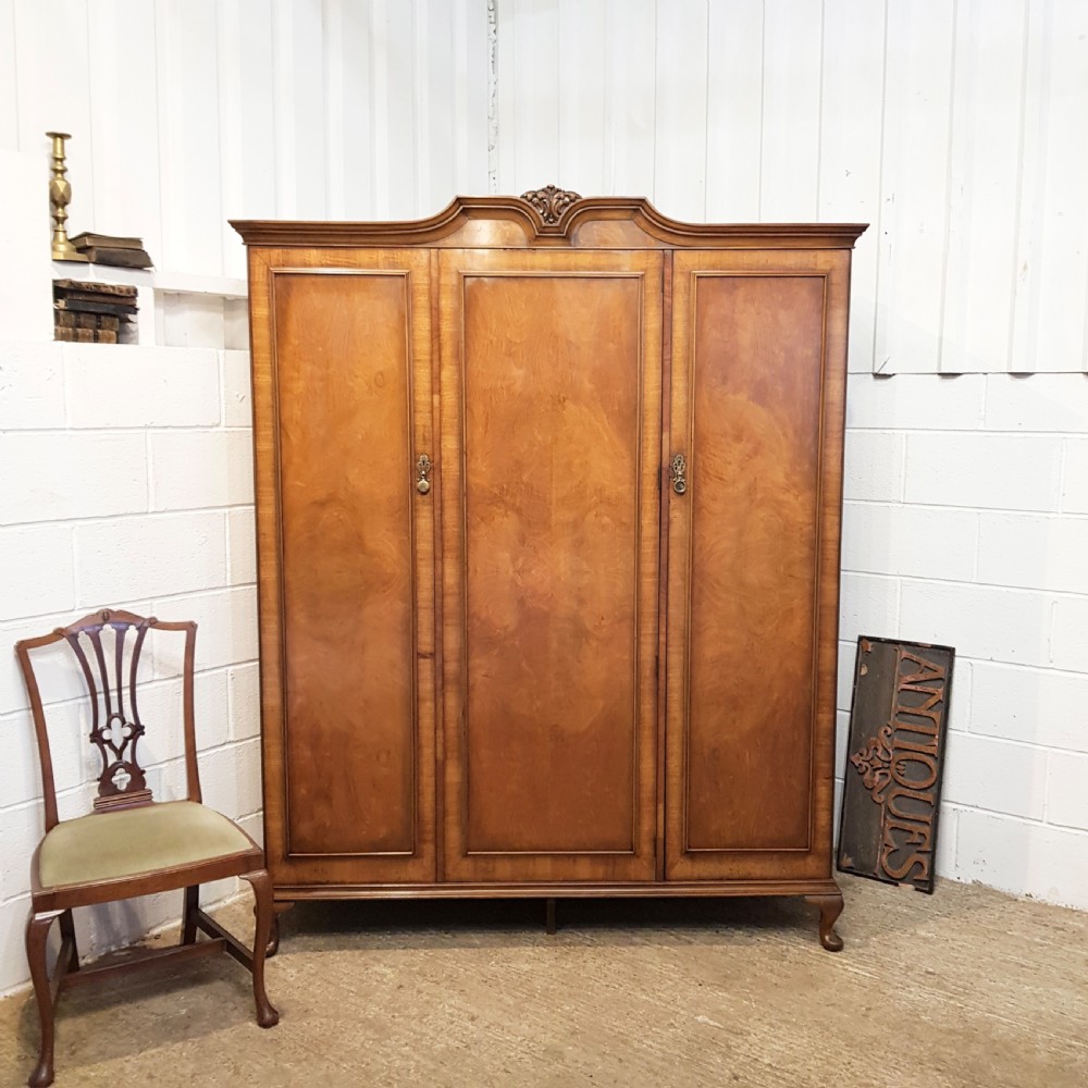 ANTIQUE BURR WALNUT TRIPLE WARDROBE C1920