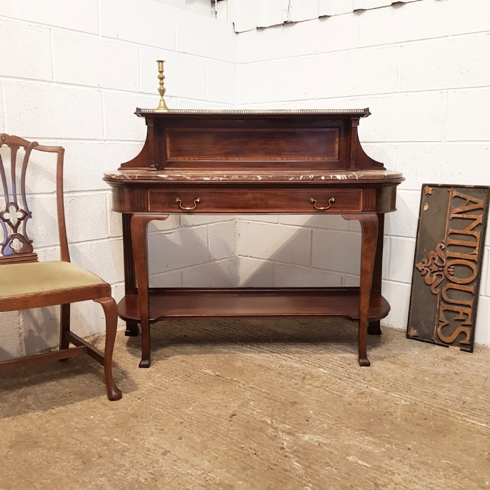 ANTIQUE EDWARDIAN INLAID MAHOGANY MARBLE TOP CONSOLE TABLE BY LAMB OF MANCHESTER C1900