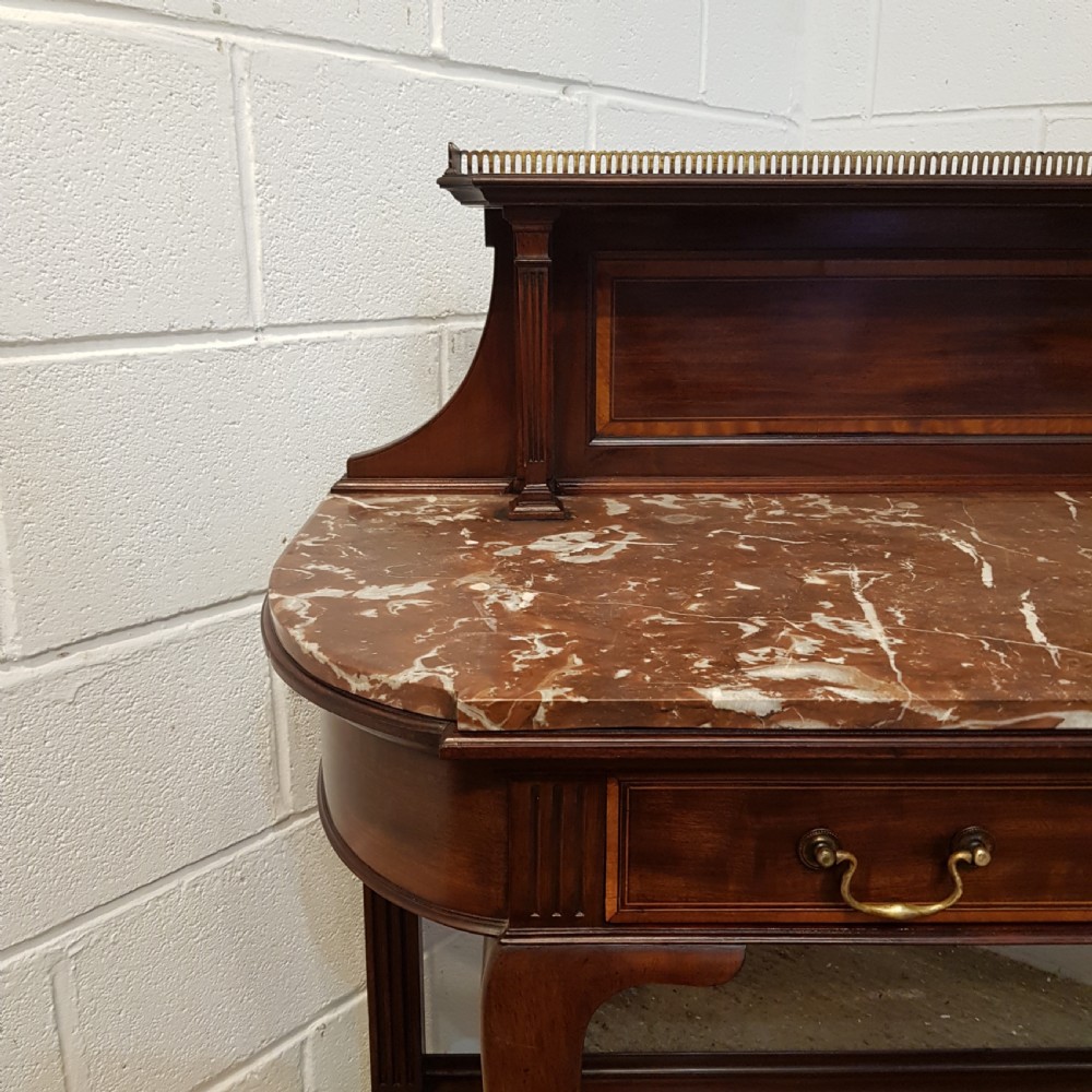 ANTIQUE EDWARDIAN INLAID MAHOGANY MARBLE TOP CONSOLE TABLE BY LAMB OF MANCHESTER C1900 View II