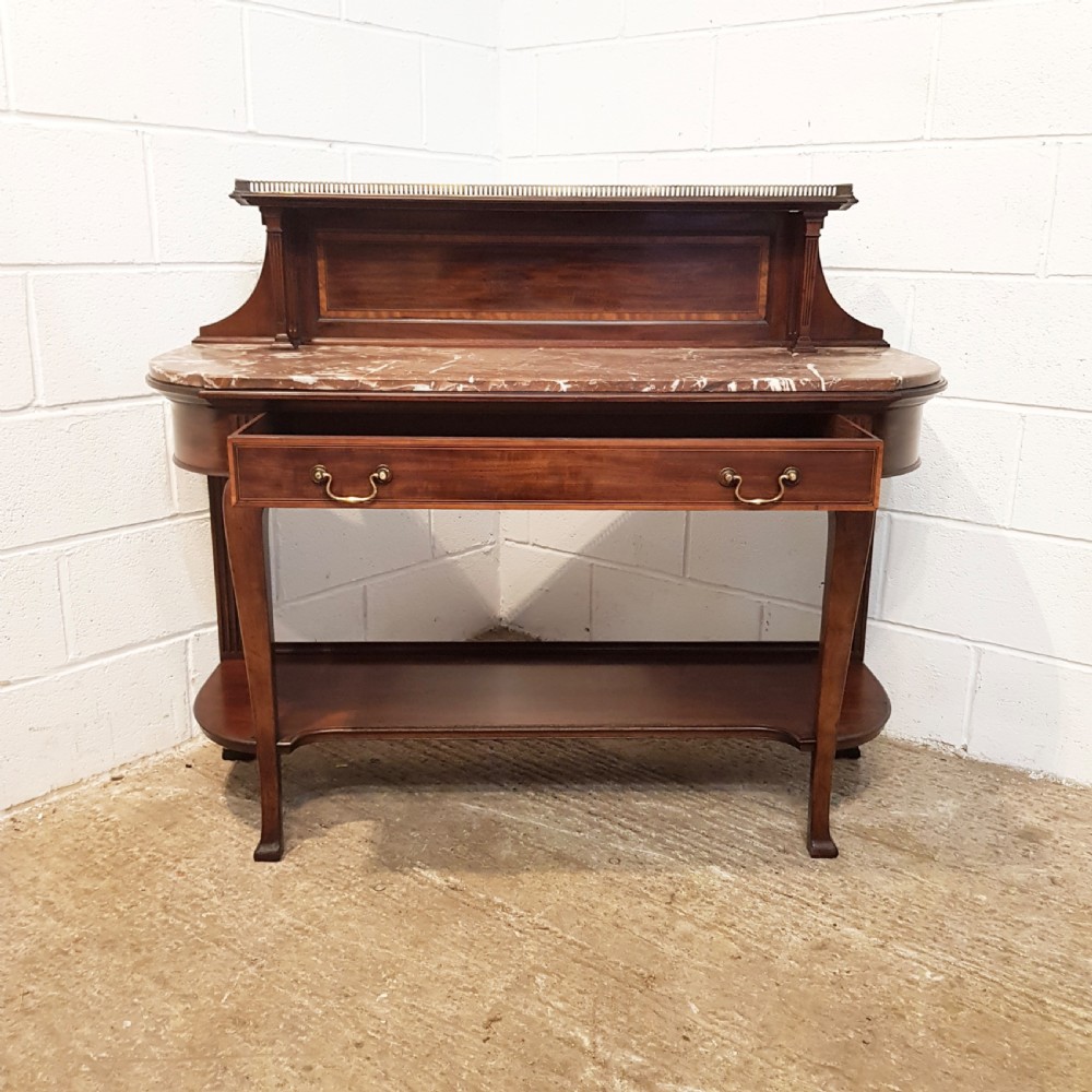ANTIQUE EDWARDIAN INLAID MAHOGANY MARBLE TOP CONSOLE TABLE BY LAMB OF MANCHESTER C1900 View IV