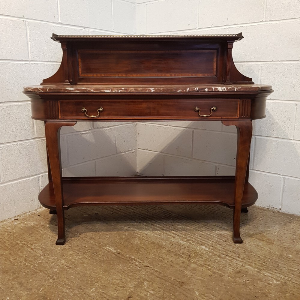 ANTIQUE EDWARDIAN INLAID MAHOGANY MARBLE TOP CONSOLE TABLE BY LAMB OF MANCHESTER C1900 View V