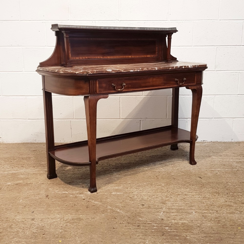 ANTIQUE EDWARDIAN INLAID MAHOGANY MARBLE TOP CONSOLE TABLE BY LAMB OF MANCHESTER C1900 View VI