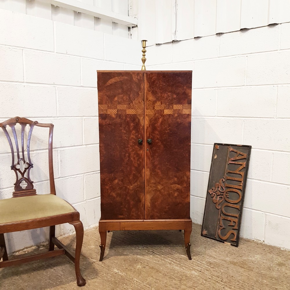 ANTIQUE ART DECO BURR WALNUT FITTED TALLBOY CABINET C1920