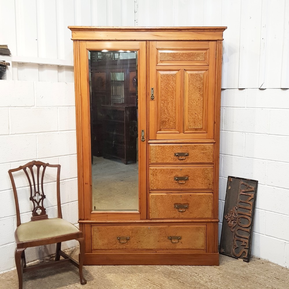 ANTIQUE EDWARDIAN SATINWOOD & BURR SATIN COMBINATION WARDROBE C1900