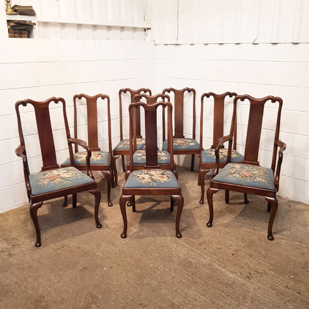 ANTIQUE EDWARDIAN SET OF EIGHT WALNUT QUEEN ANNE DINING CHAIRS C1900
