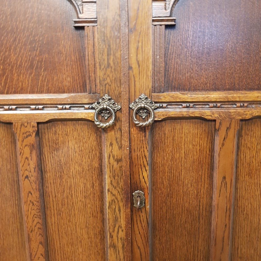 ANTIQUE CARVED OAK SMALL FITTED WARDROBE 61” HIGH C1920 View IV