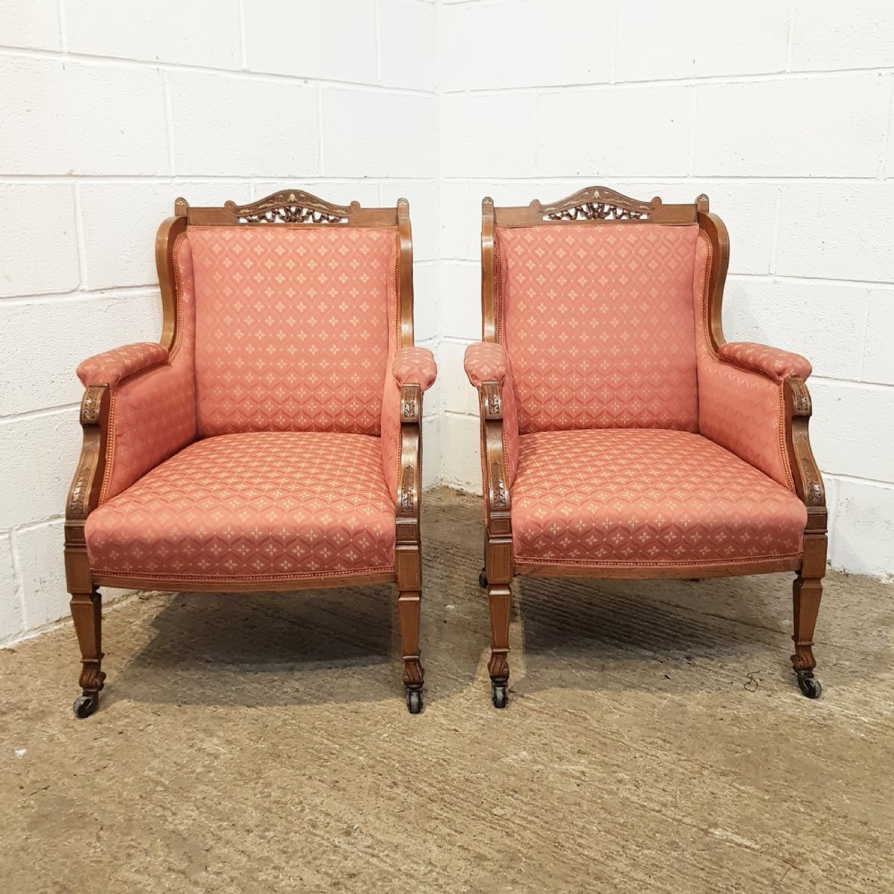ANTIQUE PAIR VICTORIAN  INLAID WALNUT FRAMED ARMCHAIRS C1880