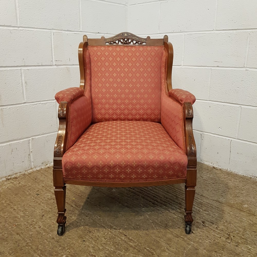 ANTIQUE PAIR VICTORIAN  INLAID WALNUT FRAMED ARMCHAIRS C1880 View VII