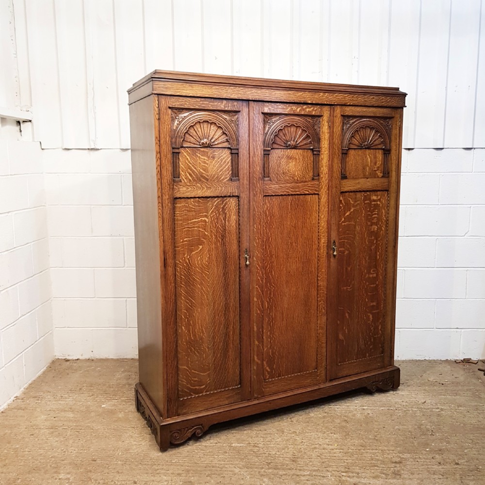 ANTIQUE CARVED OAK SMALL TRIPLE WARDROBE C1920 View IV