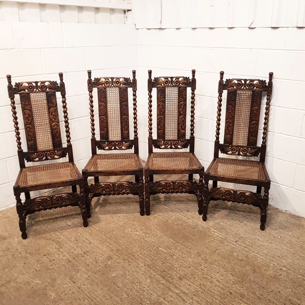 ANTIQUE SET FOUR VICTORIAN CAROLEAN CARVED OAK HIGH BACK DINING  HAIRS C1880