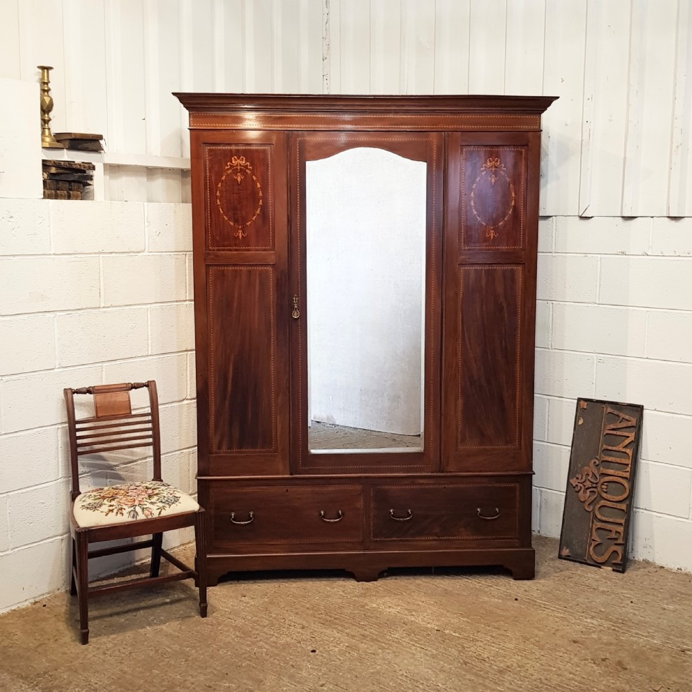 ANTIQUE EDWARDIAN INLAID MAHOGANY DOUBLE WARDROBE C1900