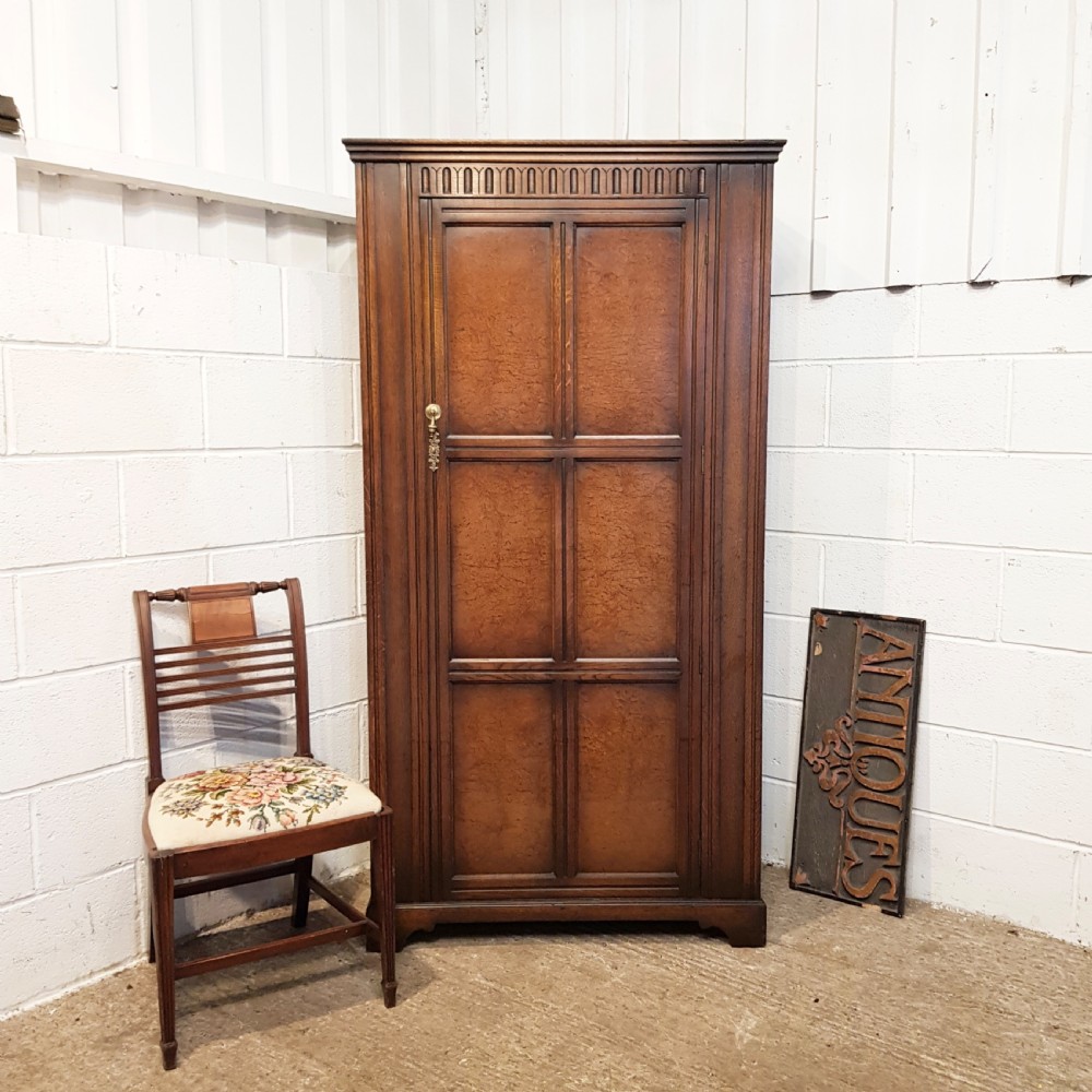 ANTIQUE OAK & BURR WALNUT SMALL LINEN FOLD SINGLE WARDROBE C1920