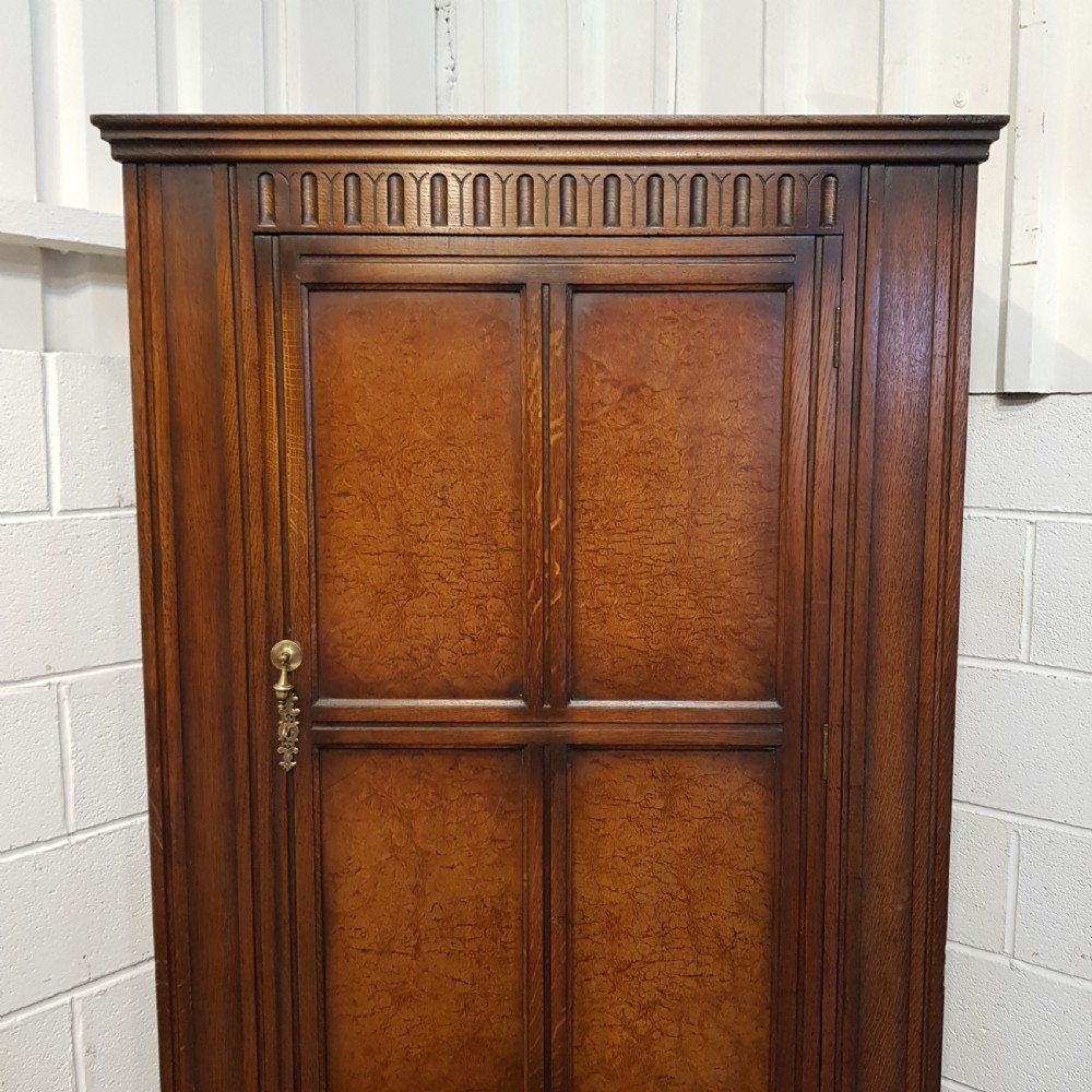 ANTIQUE OAK & BURR WALNUT SMALL LINEN FOLD SINGLE WARDROBE C1920 View II