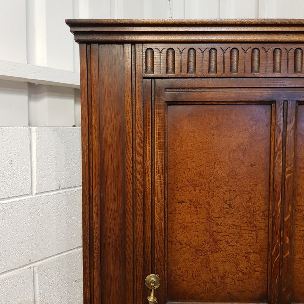 ANTIQUE OAK & BURR WALNUT SMALL LINEN FOLD SINGLE WARDROBE C1920 View III