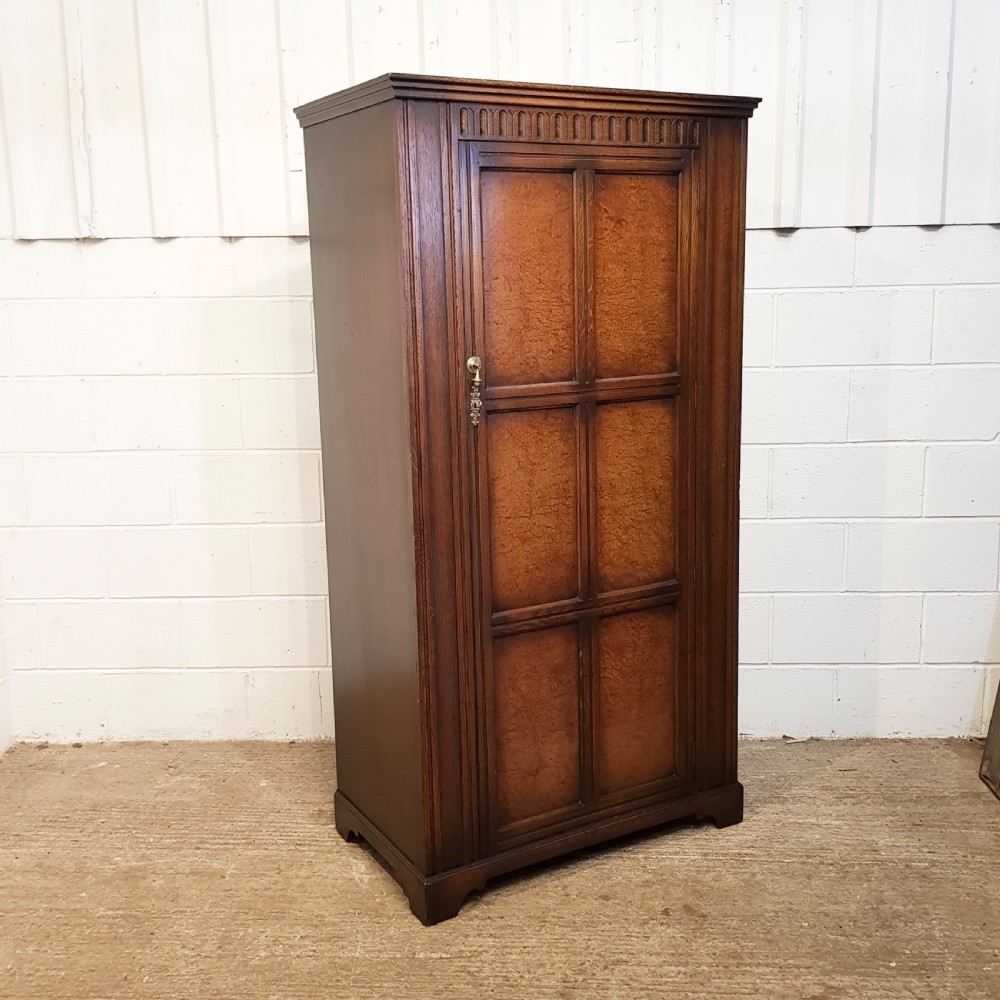 ANTIQUE OAK & BURR WALNUT SMALL LINEN FOLD SINGLE WARDROBE C1920 View V