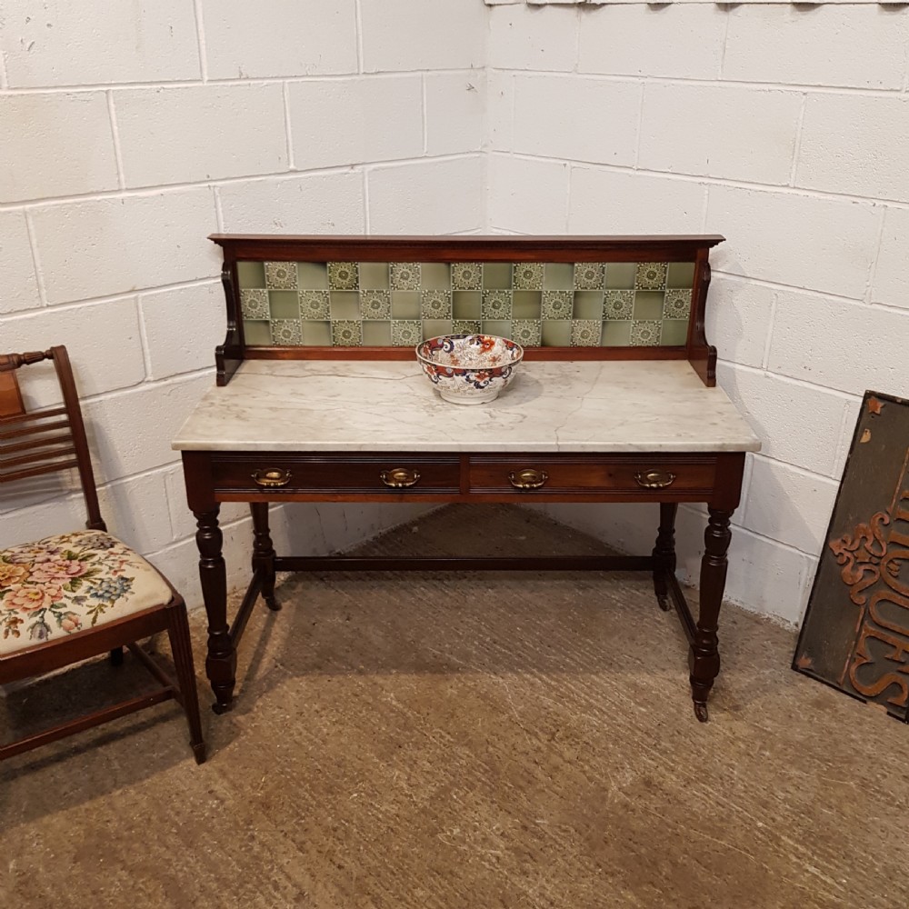 ANTIQUE ART NOUVEAU MAHOGANY & MARBLE TOP WASHSTAND BY JAZ SCHOOLBRED C1890
