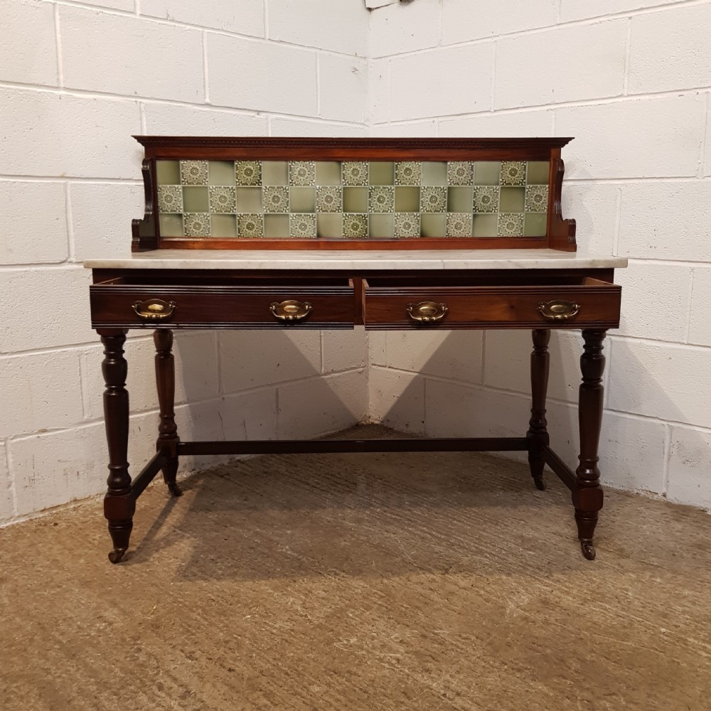 ANTIQUE ART NOUVEAU MAHOGANY & MARBLE TOP WASHSTAND BY JAZ SCHOOLBRED C1890 View V