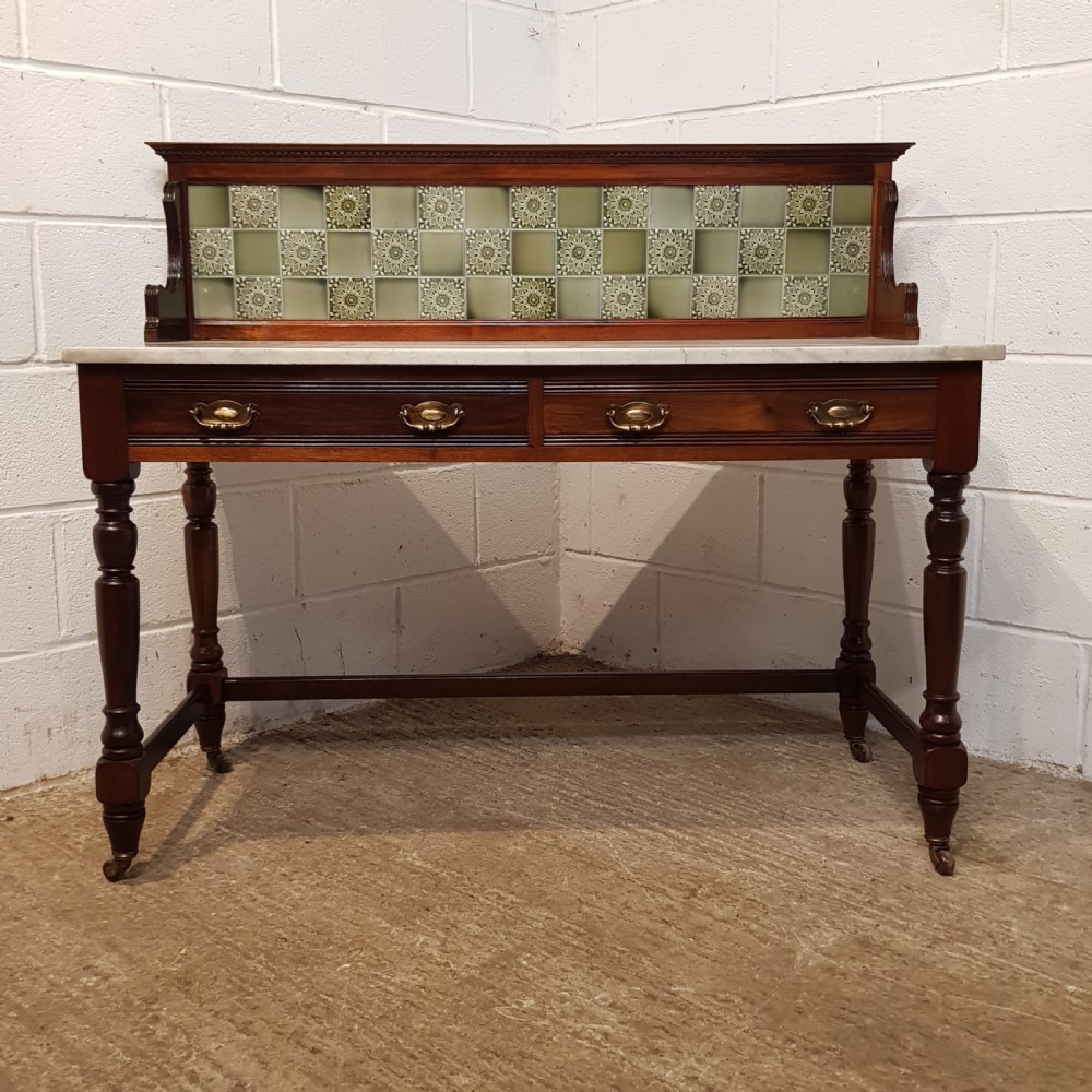 ANTIQUE ART NOUVEAU MAHOGANY & MARBLE TOP WASHSTAND BY JAZ SCHOOLBRED C1890 View X