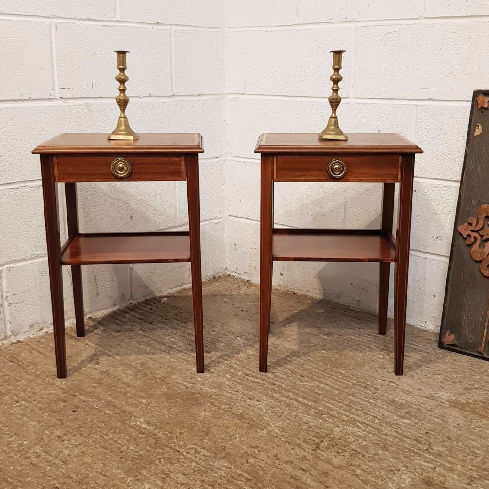 ANTIQUE PAIR EDWARDIAN MAHOGANY INLAID BEDSIDE TABLES C1900