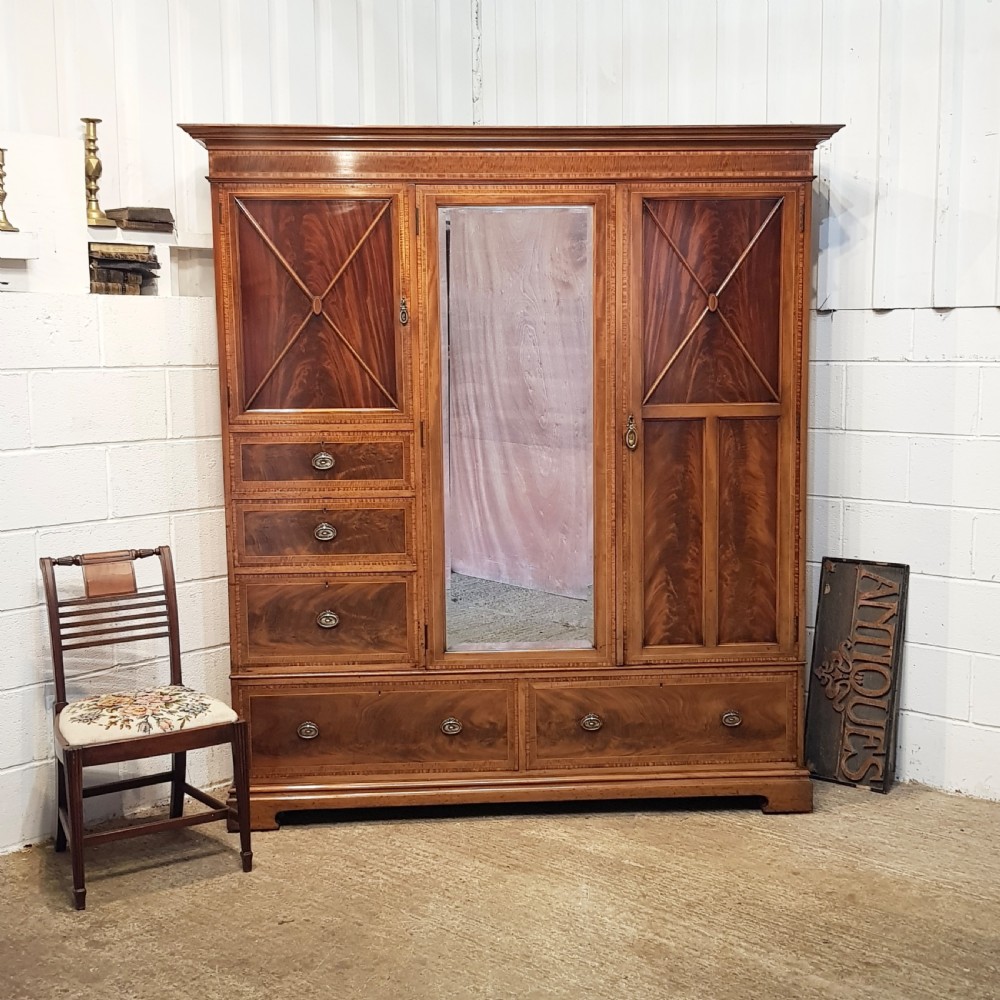 ANTIQUE LATE VICTORIAN INLAID MAHOGANY TRIPLE WARDROBE  c1890