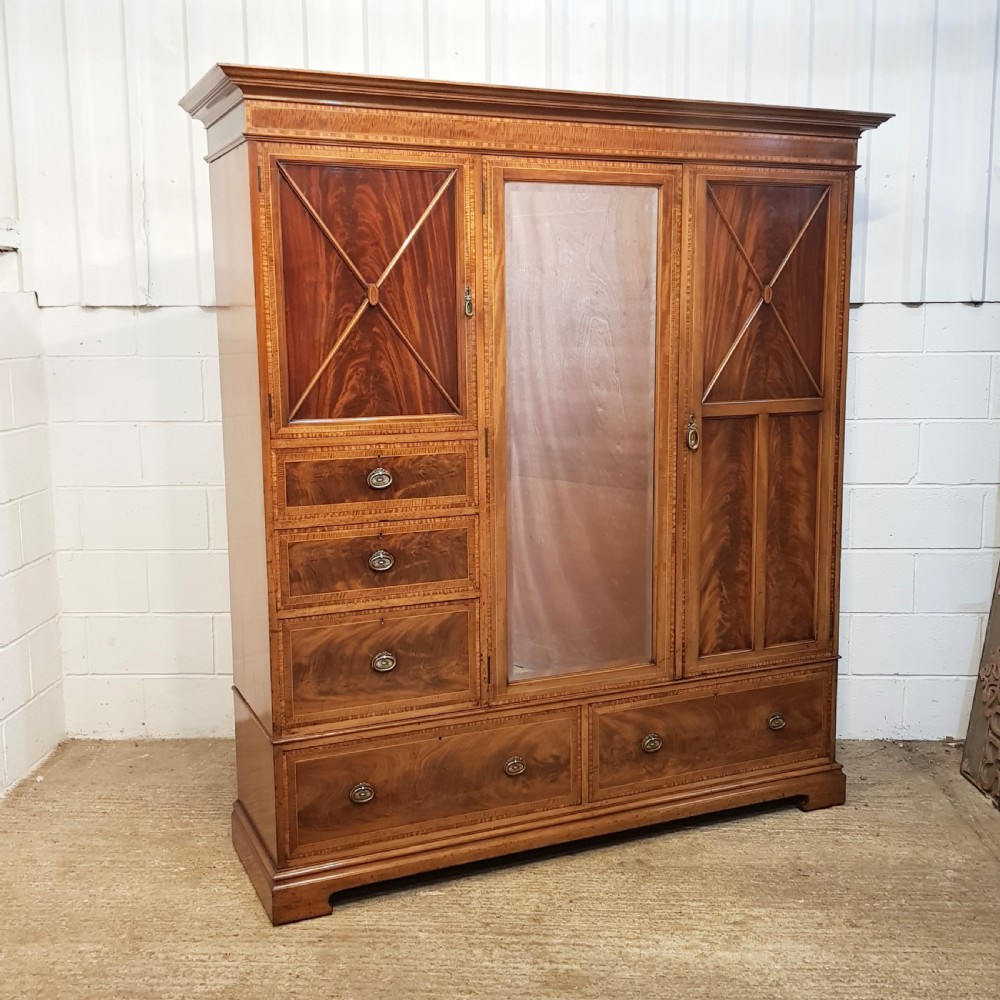 ANTIQUE LATE VICTORIAN INLAID MAHOGANY TRIPLE WARDROBE  c1890 View II