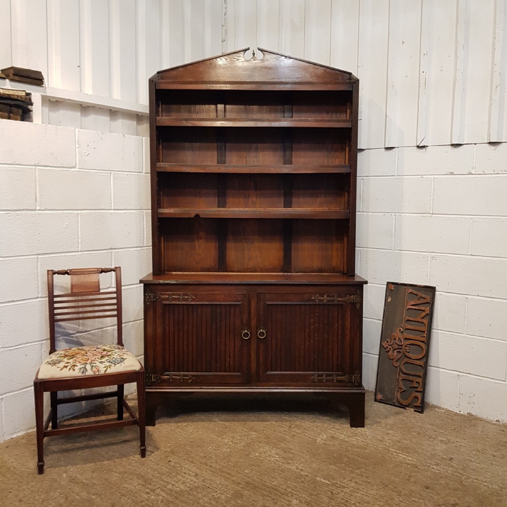 ANTIQUE ARTS & CRAFTS OAK OPEN BOOKCASE WITH WORDING OF THE POEM  “ THE PRESENT CRISIS” by JAMES RUSSELL LOWELL C1890