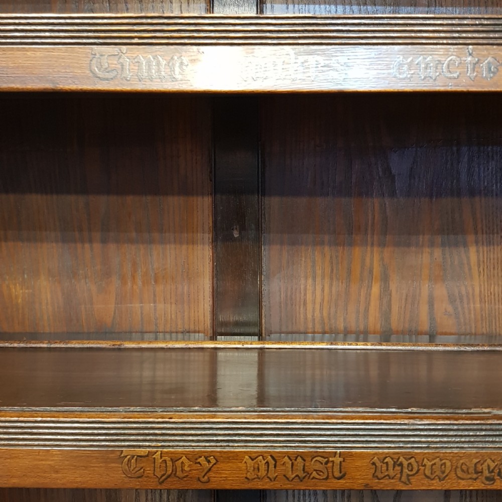 ANTIQUE ARTS & CRAFTS OAK OPEN BOOKCASE WITH WORDING OF THE POEM  “ THE PRESENT CRISIS” by JAMES RUSSELL LOWELL C1890 View II