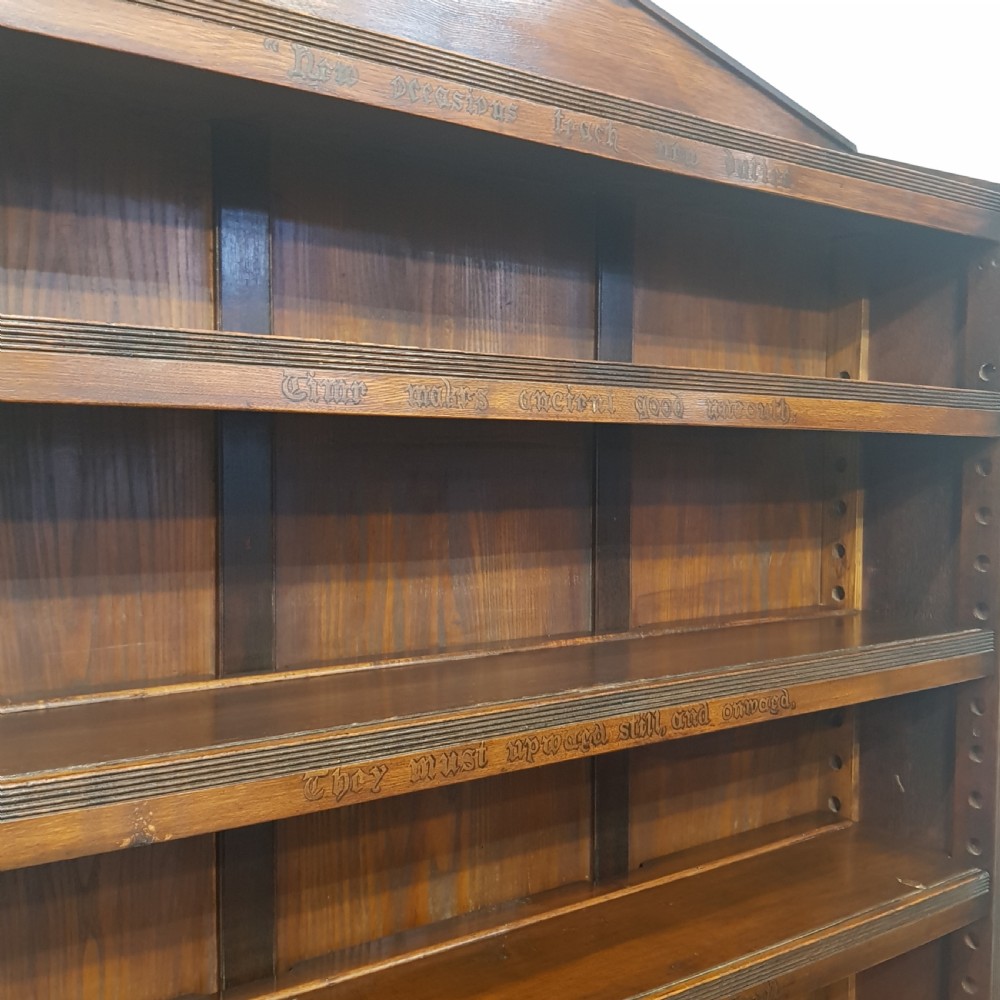 ANTIQUE ARTS & CRAFTS OAK OPEN BOOKCASE WITH WORDING OF THE POEM  “ THE PRESENT CRISIS” by JAMES RUSSELL LOWELL C1890 View IV