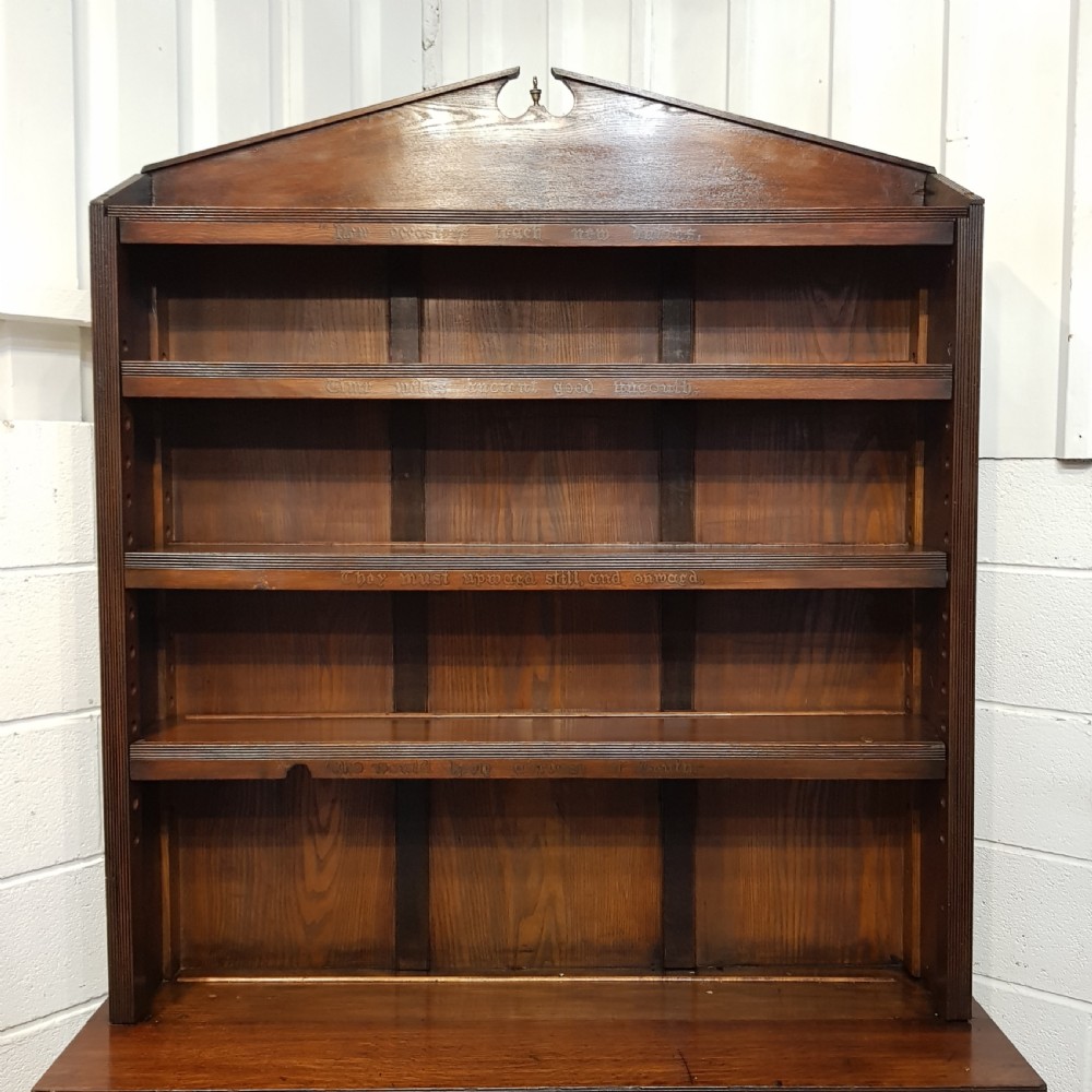 ANTIQUE ARTS & CRAFTS OAK OPEN BOOKCASE WITH WORDING OF THE POEM  “ THE PRESENT CRISIS” by JAMES RUSSELL LOWELL C1890 View VI
