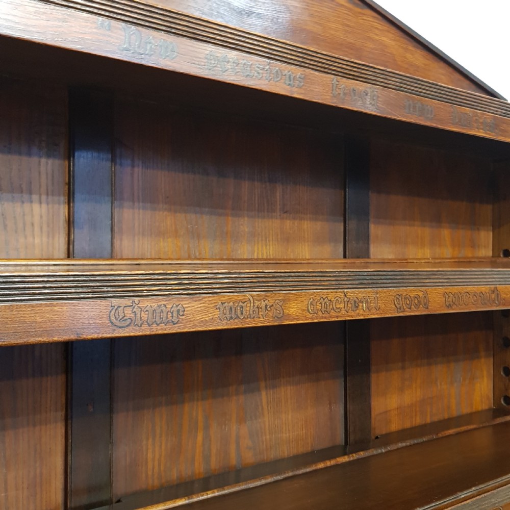 ANTIQUE ARTS & CRAFTS OAK OPEN BOOKCASE WITH WORDING OF THE POEM  “ THE PRESENT CRISIS” by JAMES RUSSELL LOWELL C1890 View VII